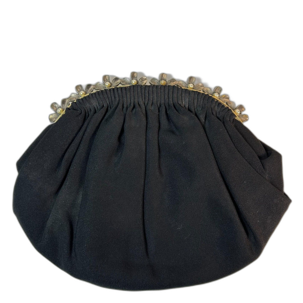 Black Fabric Top Clasp Pearl Embellished Vintage MCM Clutch Evening Bag